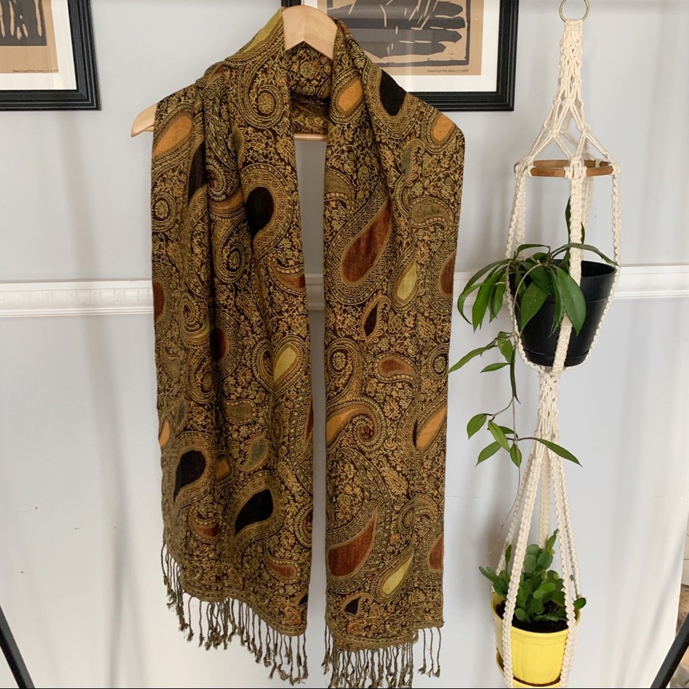 Vintage Brown Earth Tone Paisley Print Scarf Fringe Ends